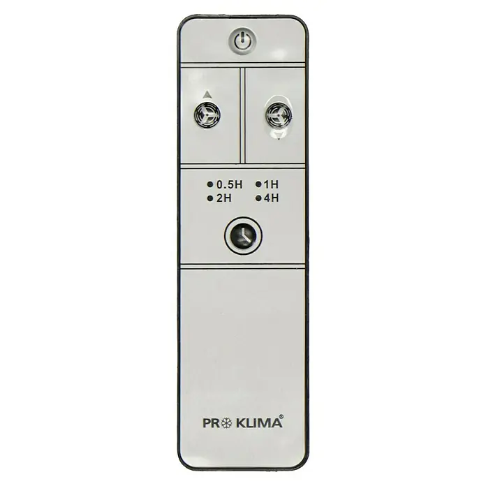 PR Klima Ventilador de pie Speed II - Negro, 45 cm, 135 cm - Primer plano de un control remoto ProKlima con varios ajustes para la velocidad del ventilador y el temporizador.