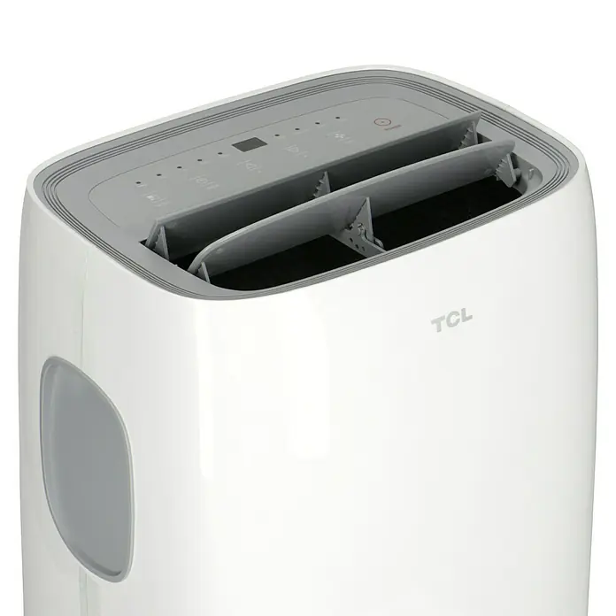 TCL Mobiles Klimagerät TAC-12CPA/KA - 3,2 kW, Raumgröße: 35 m², Weiß - Nahaufnahme einer tragbaren weißen TCL Klimaanlage mit grauen Akzenten und Bedienfeld.