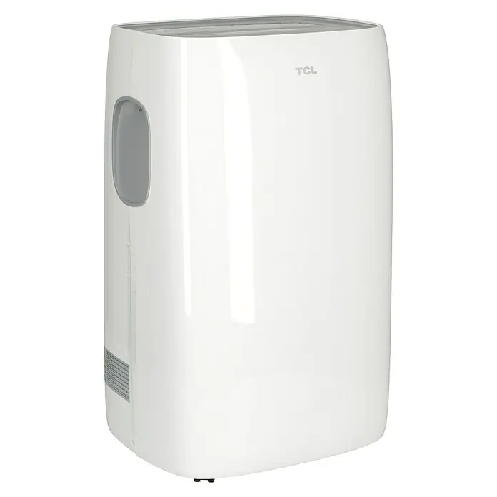 TCL Mobiles Klimagerät TAC-12CPA/KA - 3,2 kW, Raumgröße: 35 m², Weiß - Abbildung einer tragbaren, weissen TCL-Klimaanlage mit einem grauen Griff. Das TCL-Logo ist oben rechts auf dem Gerät sichtbar.