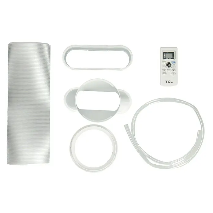 TCL Mobiles Klimagerät TAC-12CPA/KA - 3,2 kW, Raumgröße: 35 m², Weiß - Zubehör für tragbare Klimaanlage, einschließlich Schlauch, Fenster-Kit, Fernbedienung und Ablaufschlauch.