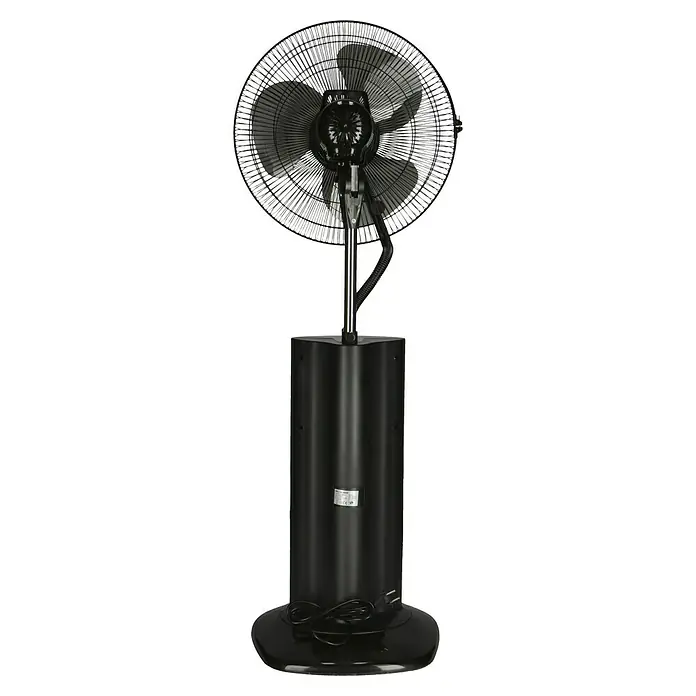 PR Klima Ventilador de pie con nebulizador - Negro, 45 cm, 128 cm - Imagen de un ventilador de pedestal negro con un cabezal redondo y una base cilíndrica, sobre un fondo negro, que destaca su diseño elegante.