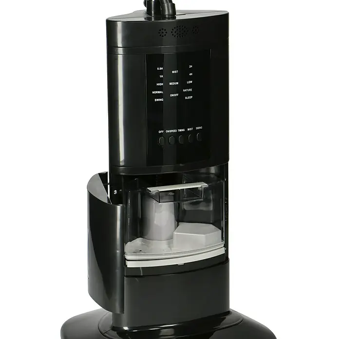 PR Klima Ventilador de pie con nebulizador - Negro, 45 cm, 128 cm - En la imagen se muestra un moderno ventilador de torre negro con varias funciones y un depósito de agua transparente para humidificar el aire.