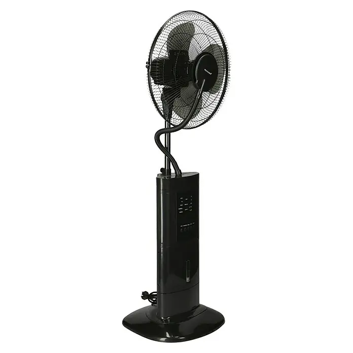 PR Klima Ventilador de pie con nebulizador - Negro, 45 cm, 128 cm - Un ventilador nebulizador negro de pie. El ventilador tiene un diseño elegante y es ideal para refrescarse en días calurosos.