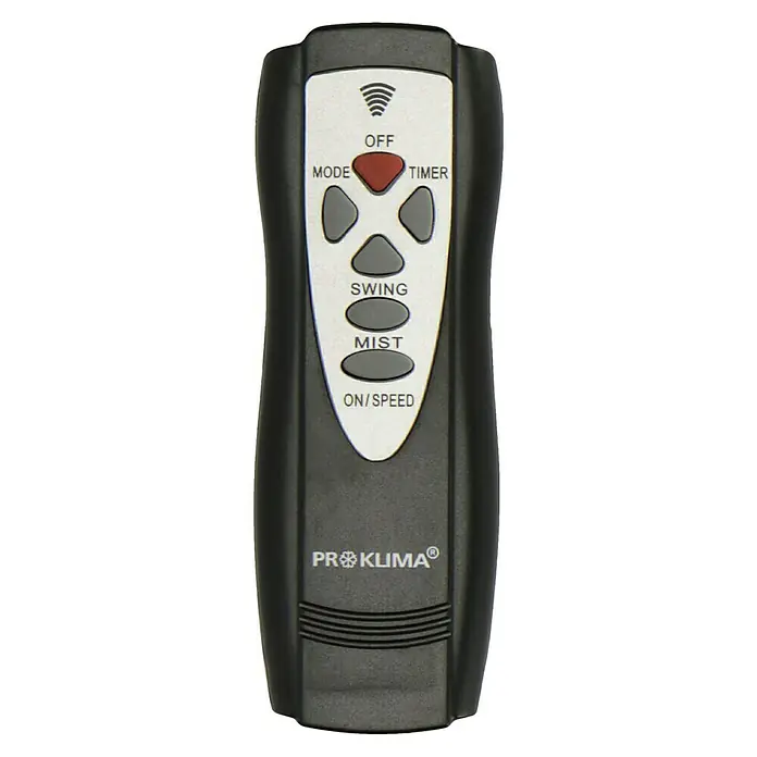 PR Klima Ventilador de pie con nebulizador - Negro, 45 cm, 128 cm - Primer plano de un mando a distancia ProKlima negro con botones blancos para apagado, modo, temporizador, swing, niebla y encendido/velocidad.