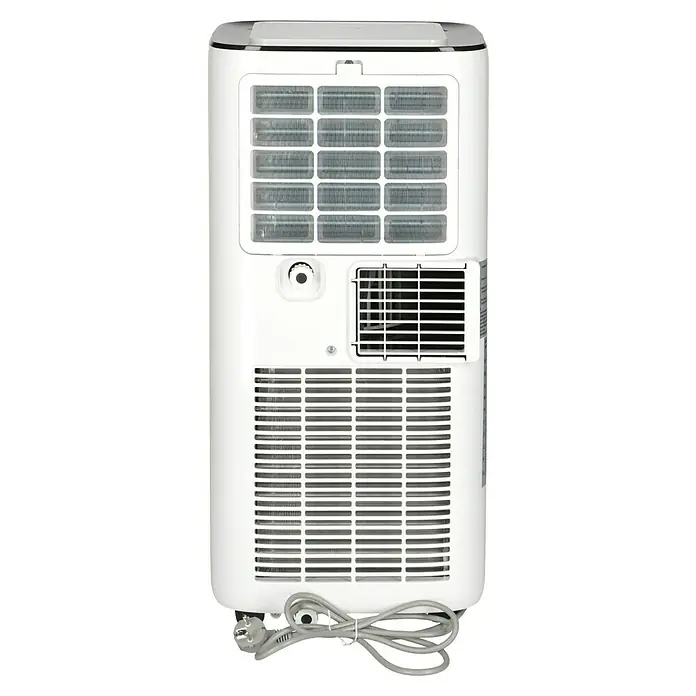 Voltomat Aire acondicionado portátil Boreas - 2.000 W, Tamaño de la estancia: 20 m², Blanco/Negro - Vista posterior de un aire acondicionado portátil, que muestra su rejilla de refrigeración, tapón de drenaje y cable de alimentación enrollado para su uso.