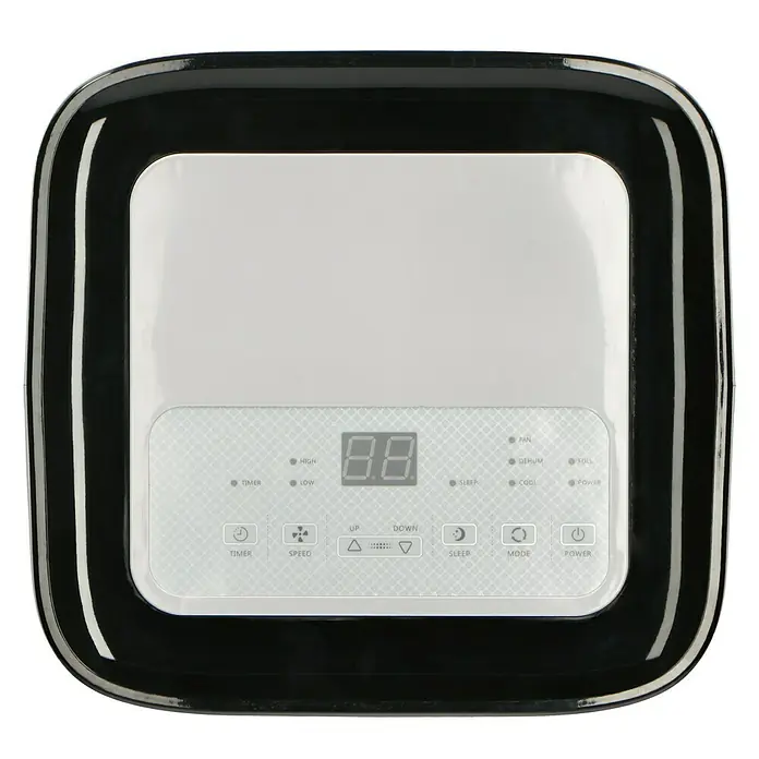 Voltomat Aire acondicionado portátil Boreas - 2.000 W, Tamaño de la estancia: 20 m², Blanco/Negro - Primer plano del panel de control de un aire acondicionado portátil, que muestra varias funciones como temporizador, velocidad y modo.
