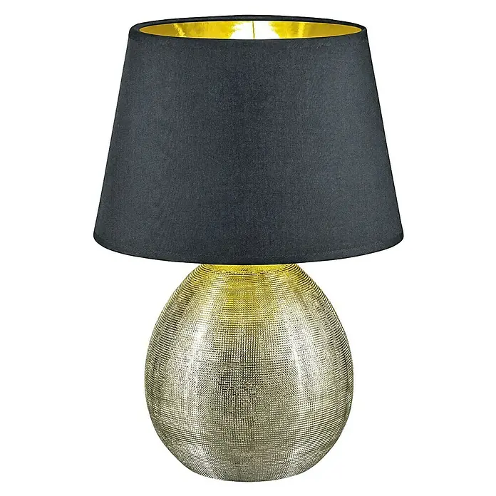 Reality Leuchten Tischleuchte rund Luxor - 60 W, Ø x H: 240 mm x 35 cm, Gold, Schwarz, Gold, E27 - Elegante Tischlampe mit goldenem Lampenfuß und schwarzem Lampenschirm, die ein warmes Licht ausstrahlt. Ideal für Wohn- und Schlafzimmer.