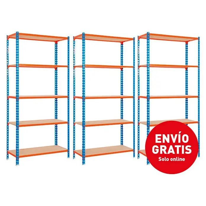 Simonrack Maderclick Estantería para cargas pesadas Plus - L x An x Al: 40 x 100 x 200 cm, Azul/Naranja - Tres estanterías industriales naranjas con estructuras metálicas azules, ideales para el almacenamiento, con adhesivo rojo "Envío Gratis".