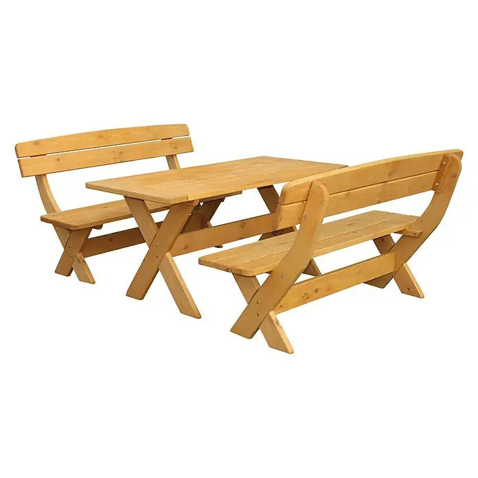 Promadino Gartenmöbel-Set München -  - Ein rustikaler Picknicktisch mit zwei Bänken, gefertigt aus hellem Holz, ideal für den Garten oder die Terrasse.