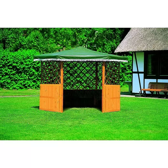 Promadino Standard-Pavillon Marburg - Honigbraun, Kiefer - Hölzerner Gartenpavillon mit grünem Stoffdach, Spalierseiten und zwei Klapptüren.