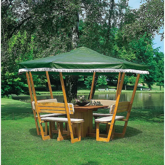Promadino Standard-Pavillon Rosenheim - L x B: 304 x 304 cm, Honigbraun, Farbe Dach: Grün - Überdachter Picknicktisch aus Holz mit Bänken für den Garten. Ideal zum Essen im Freien.