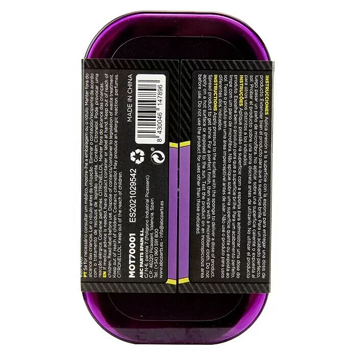 Esponja limpiadora para salpicaderos - New Car - Envase morado de cera o pulimento para superficies con etiqueta negra para brillo y protección.