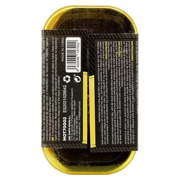 Esponja limpiadora para salpicaderos - Vainilla - Producto redondo negro con borde amarillo, cuidado de coche para superficies brillantes.