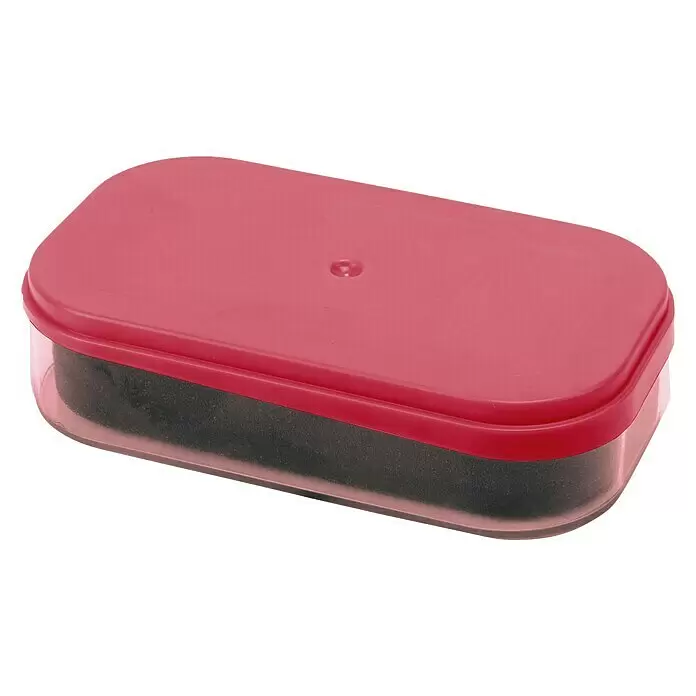 Esponja limpiadora para salpicaderos - Fresa - Borrador de pizarra rectangular con tapa de plástico rojo translúcido y base transparente que contiene una esponja gris oscuro.
