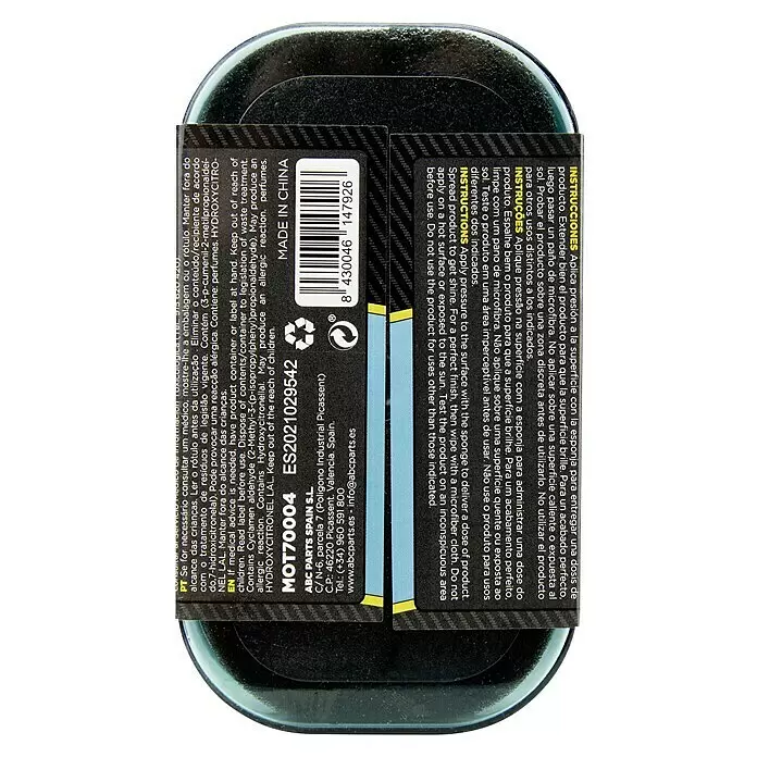 Esponja limpiadora para salpicaderos - Océano - Envase de producto negro con etiqueta multilingüe que muestra instrucciones, ingredientes y un código de barras.