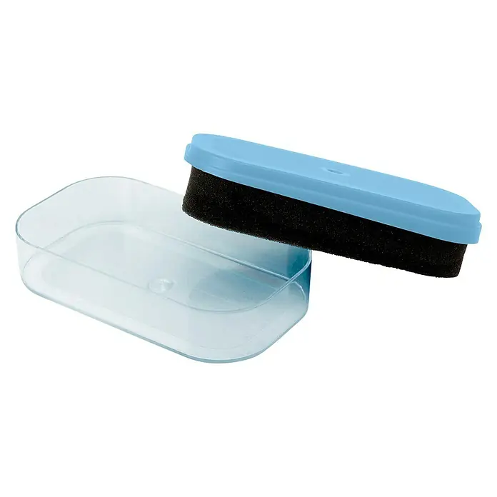 Esponja limpiadora para salpicaderos - Océano - Esponja para lustrar zapatos con mango azul y recipiente transparente para el cuidado del calzado, para un pulido rápido y fácil.