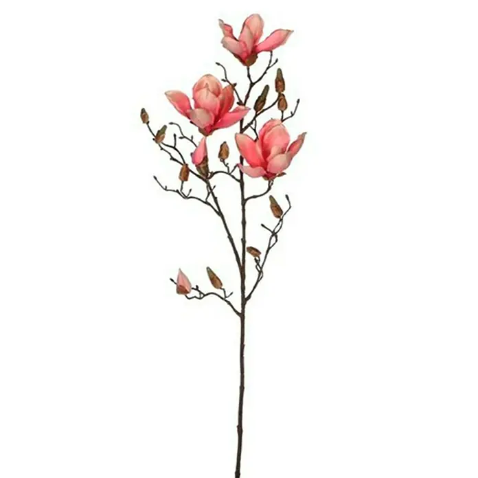 Flor artificial Magnolia - Altura: 88 cm, Rojo, Plástico - Rama artificial de magnolia con flores rosas y brotes marrones, ideal para decoraciones y arreglos florales.