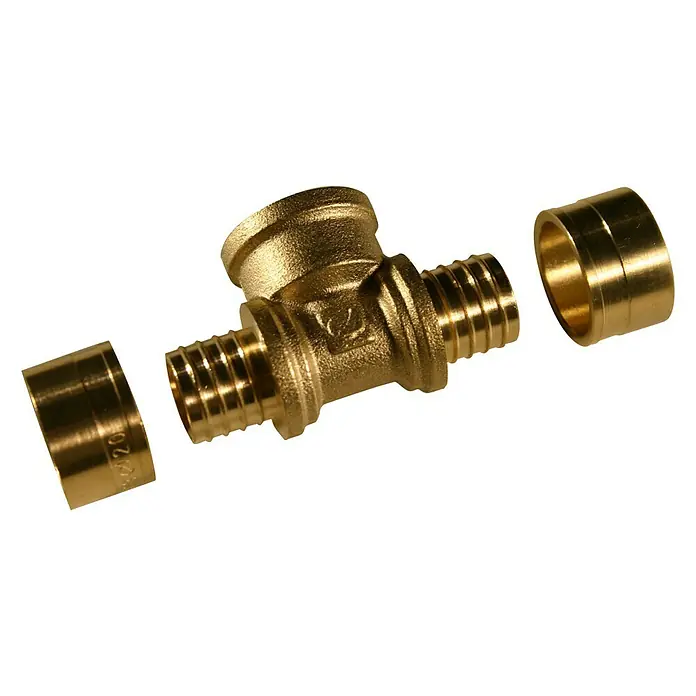 Isoltubex Pieza T rosca H - Diámetro: 32 mm, Rosca: ¾″ - Conector en T de latón con dos anillos de latón sueltos para la instalación. Elemento de conexión para instalaciones sanitarias y de calefacción.