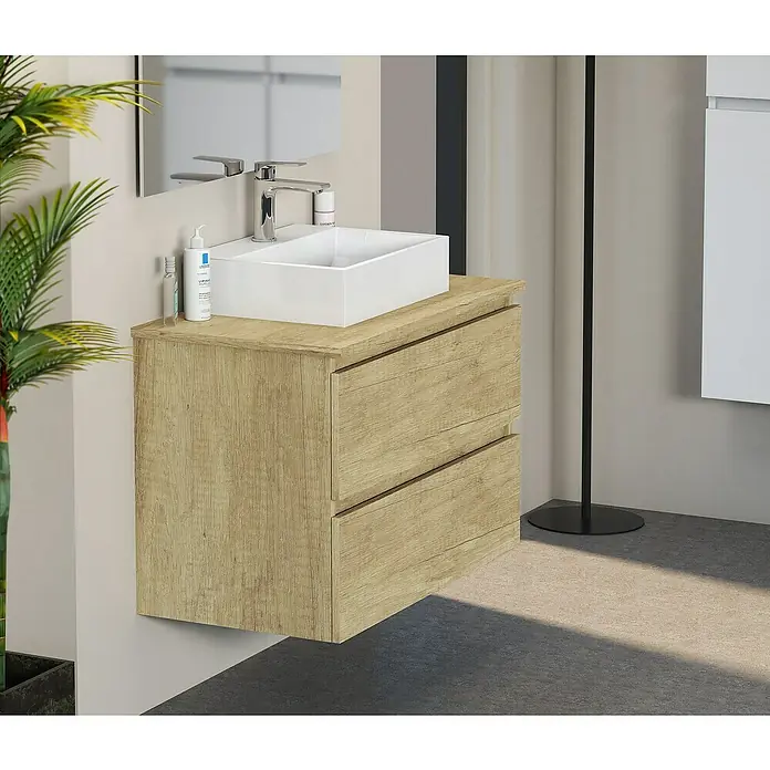 Artysan Mueble bajo de lavabo Fons - 46 x 70 x 56 cm, Nature - Elegante mueble de lavabo de madera con un moderno lavabo cuadrado sobre encimera, perfecto para un baño.