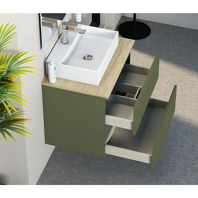 Artysan Mueble bajo de lavabo Fons - 39 x 50 x 56 cm, Musgo - Baño moderno con mueble de lavabo verde oliva y detalles de madera clara, complementado por un lavabo sobre encimera cuadrado.