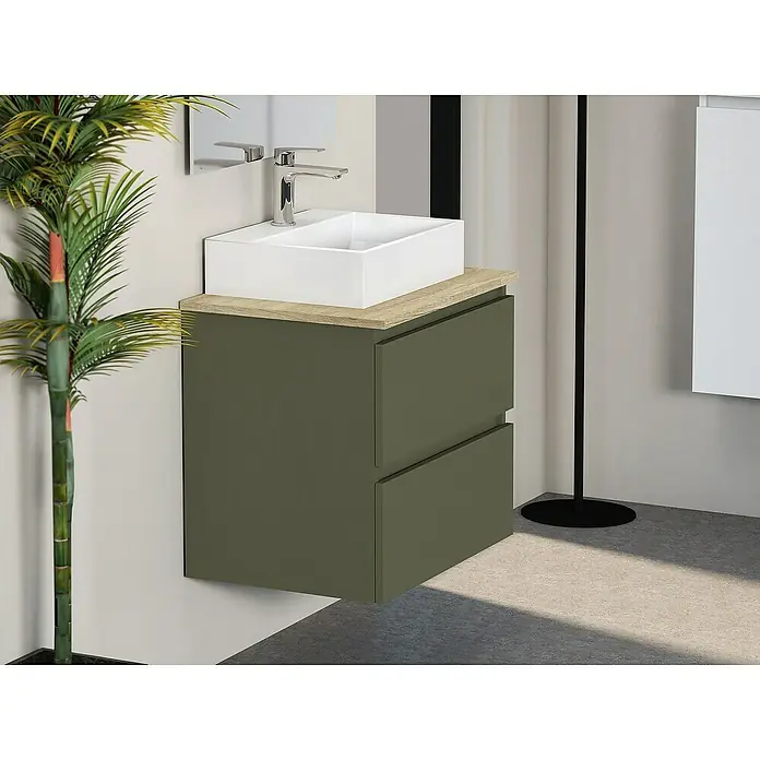 Artysan Mueble bajo de lavabo Fons - 46 x 60 x 56 cm, Musgo - Baño moderno con un lavabo flotante verde oliva con una tapa de madera clara y un lavabo sobre encimera cuadrado.
