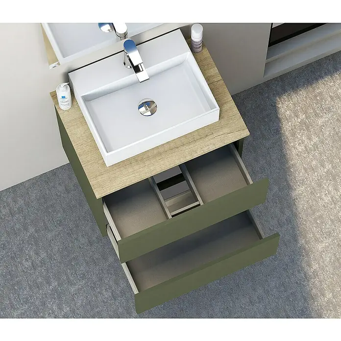 Artysan Mueble bajo de lavabo Fons - 46 x 60 x 56 cm, Musgo - Lavabo moderno con mueble de madera y cajones verdes, ideal para baños con estilo.
