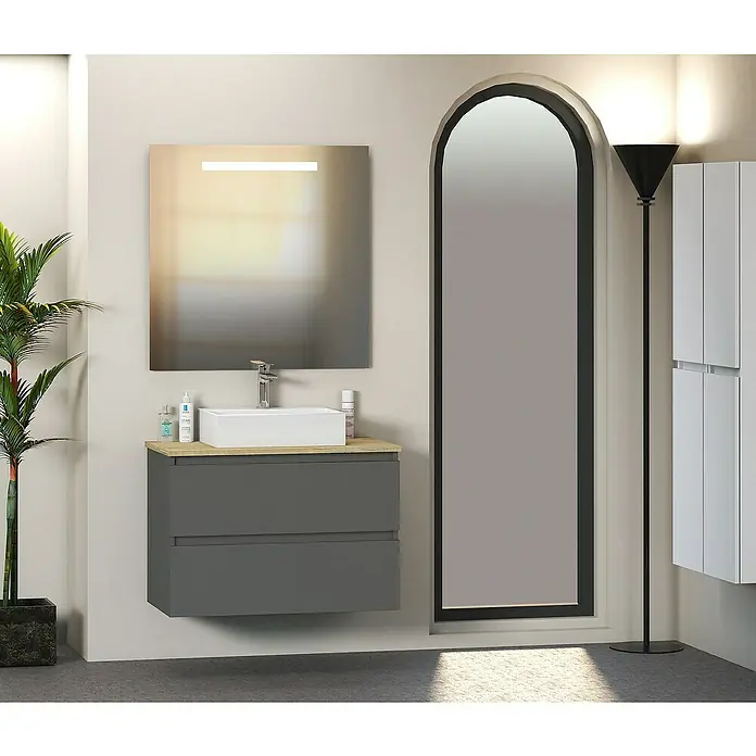 Artysan Mueble bajo de lavabo Fons - 46 x 80 x 56 cm, Antracita - Baño moderno con tocador gris, lavabo sobre encimera blanco y espejo iluminado.