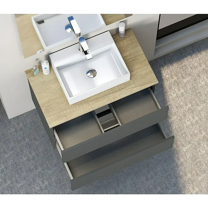 Artysan Mueble bajo de lavabo Fons - 46 x 80 x 56 cm, Antracita - Tocador de baño con dos cajones debajo de una encimera de madera y un lavabo cuadrado con grifo.