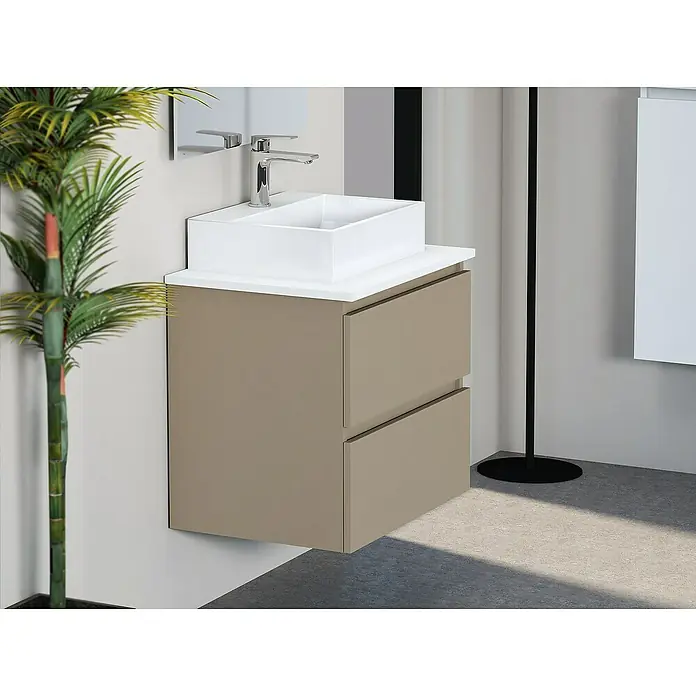 Artysan Mueble bajo de lavabo Fons - 46 x 60 x 56 cm, Fango - Conjunto de tocador de baño moderno con armario, lavabo sobre encimera, grifo y una planta decorativa para un ambiente elegante.