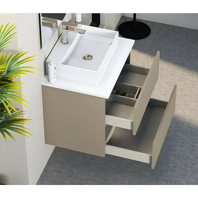 Artysan Mueble bajo de lavabo Fons - 46 x 60 x 56 cm, Fango - Elegante lavabo con cajones abiertos. El tocador beige se integra perfectamente en el diseño moderno del baño.