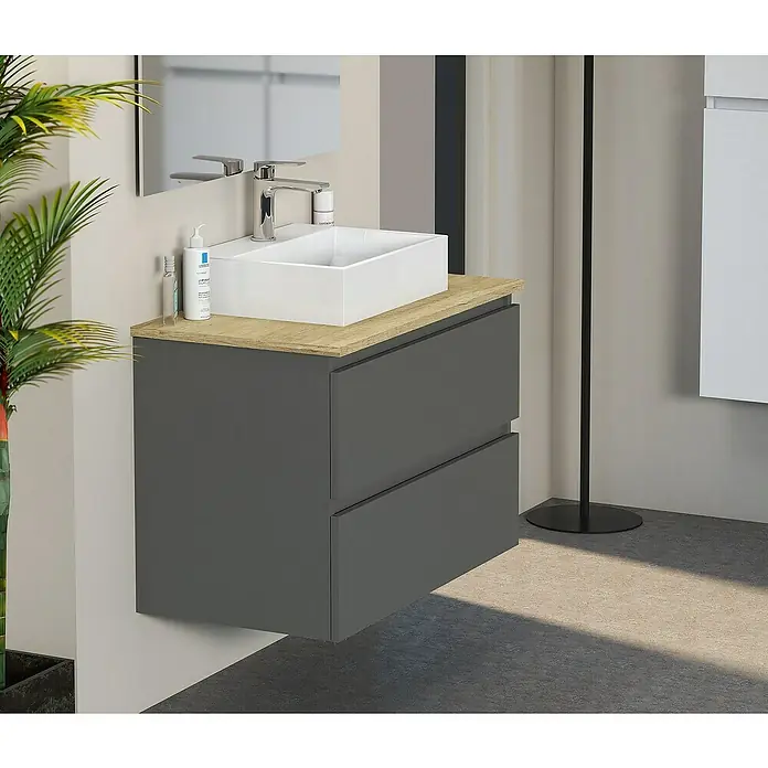 Artysan Mueble bajo de lavabo Fons - 46 x 70 x 56 cm, Antracita - Mueble de baño gris con lavabo sobre encimera de madera clara y grifo cromado en baño moderno.