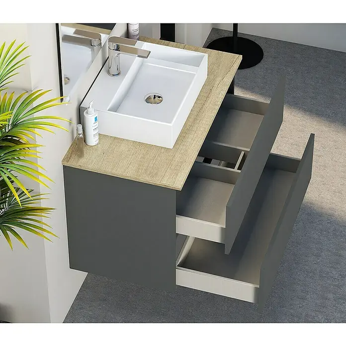 Artysan Mueble bajo de lavabo Fons - 46 x 70 x 56 cm, Antracita - Moderno baño con lavabo sobre encimera de madera y cajones grises debajo. Diseño contemporáneo para un baño elegante.