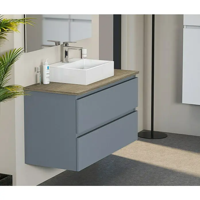 Artysan Mueble bajo de lavabo Fons - 46 x 100 x 56 cm, Azul - Mueble de baño con lavabo y dos cajones en gris con encimera de madera. Diseño elegante para un baño moderno.