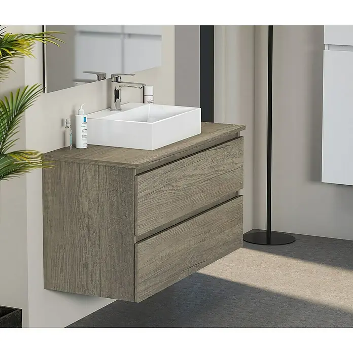 Artysan Mueble bajo de lavabo Fons - 46 x 100 x 56 cm, Nebraska - Mueble de baño con dos cajones y lavabo sobre encimera rectangular de cerámica blanca. Mueble moderno para más almacenamiento.