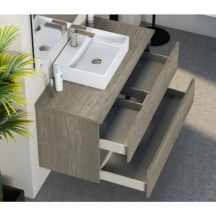 Artysan Mueble bajo de lavabo Fons - 46 x 100 x 56 cm, Nebraska - Lavabo de baño moderno con mueble de madera y cajones abiertos. Diseño elegante para un baño refinado.