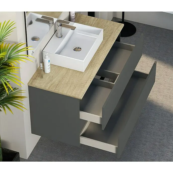 Artysan Mueble bajo de lavabo Fons - 46 x 100 x 56 cm, Antracita - Mueble de baño moderno con armario gris, encimera de madera clara y lavabo sobre encimera blanco para un diseño elegante.