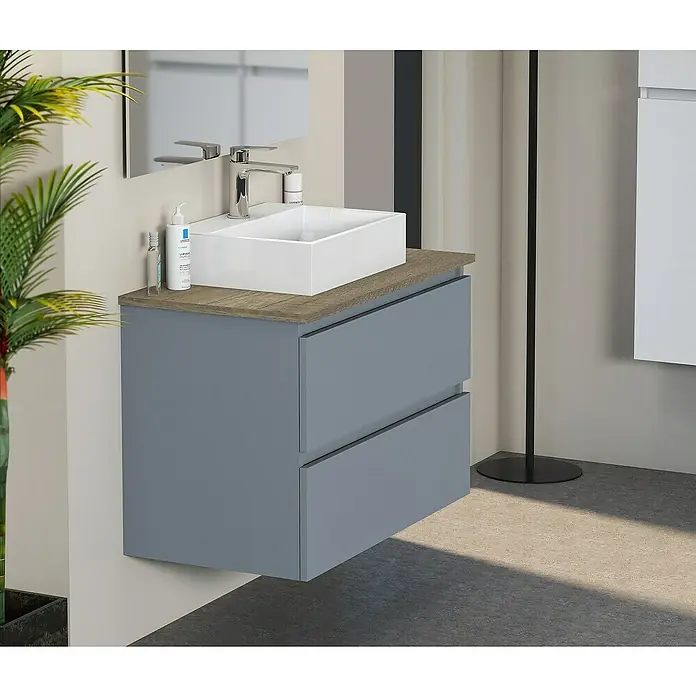 Artysan Mueble bajo de lavabo Fons - 46 x 80 x 56 cm, Azul - Un mueble de baño gris con dos cajones y un lavabo sobre encimera blanco, ideal para diseños de baño modernos.