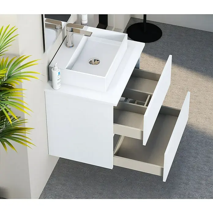 Artysan Mueble bajo de lavabo Fons - 39 x 50 x 56 cm, Blanco seda - Mueble de baño blanco moderno con dos cajones abiertos y grifo elegante, perfecto para un diseño de baño elegante.