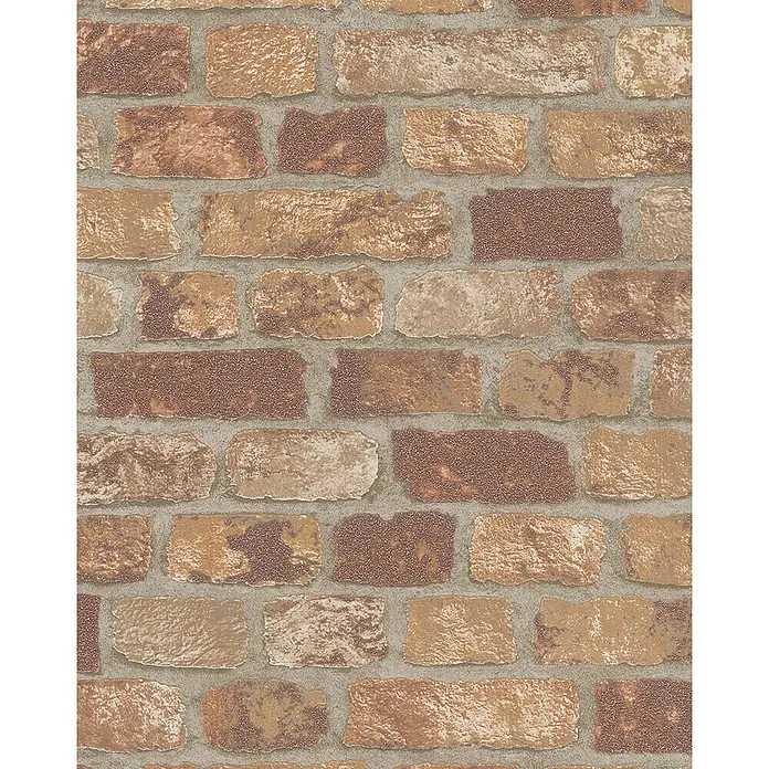 Marburg Sand & Stones Vliestapete Steinmauer II - Beige, Steinoptik, 10,05 x 0,53 m - Nahaufnahme einer Mauerwerkstapete, die Textur und Tiefe mit simulierten Ziegelsteinen in verschiedenen Brauntönen zeigt.