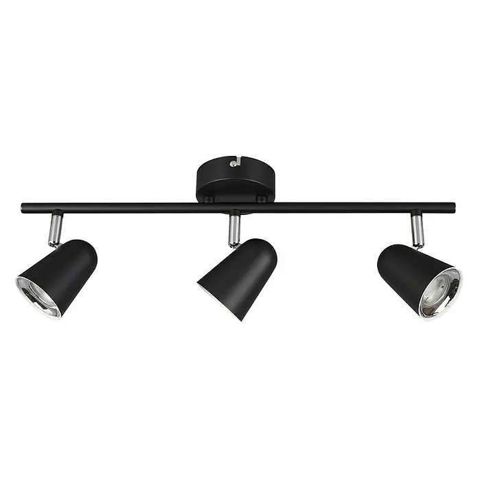 Reality Leuchten LED-Deckenstrahler Toulouse - L x B x H: 9 x 48 x 17 cm, Schwarz, Anzahl Leuchtmittel: 3 Stk. - Aufnahme einer schwarzen Deckenleuchte mit drei Scheinwerfern, die vielseitige Beleuchtung für jeden Raum bietet.