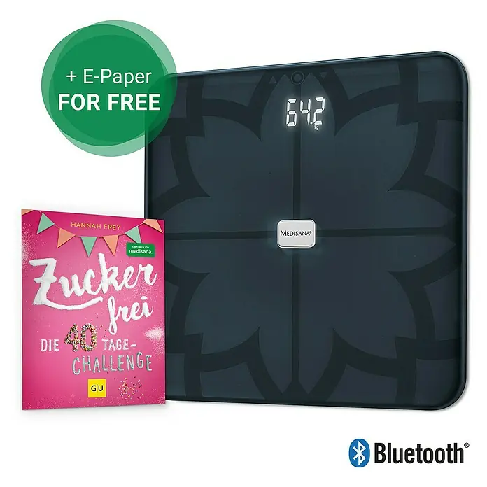 Personenwaage BS 450 - Digital, Glas, Belastbarkeit: 180 kg - Digitale Personenwaage von Medisana mit Bluetooth-Funktion und einem Buch zum Thema "Zuckerfrei". Inklusive E-Paper.
