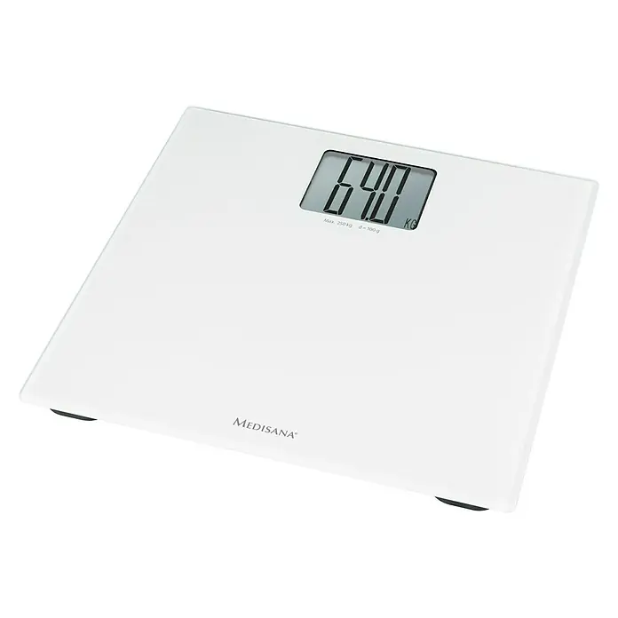 Digitale Personenwaage PS 470 XL - 32,1 x 32,5 x 2,7 cm, Glas, Weiß - Eine weiße Medisana-Waage mit digitaler Anzeige, die ein Gewicht von 64,0 kg anzeigt. Ideal für die Gewichtskontrolle im Alltag.
