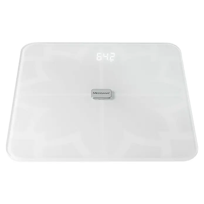 Personenwaage BS 450 - Digital, Körperfett- und Wasseranalyse, Glas, Belastbarkeit: 180 kg - Eine digitale Personenwaage von Medisana zeigt ein Gewicht von 64,2 kg an. Das Gerät ist weiß und hat ein modernes Design.