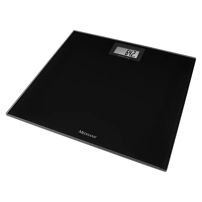 Personenwaage PS 402 - Digital, Schwarz, Belastbarkeit: 150 kg - Eine digitale Personenwaage von Medisana in Schwarz mit einer Anzeige von 64,2 kg. Das Gerät hilft, das Gewicht im Auge zu behalten.