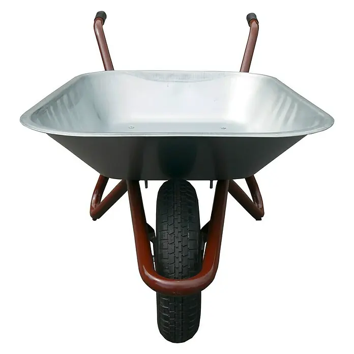 Schake Bauschubkarre Geselle - 85 l, Stahl - Nahaufnahme einer Schubkarre mit Metallwanne, robustem Rahmen und einem Rad, ideal für Gartenarbeiten und Bauprojekte.