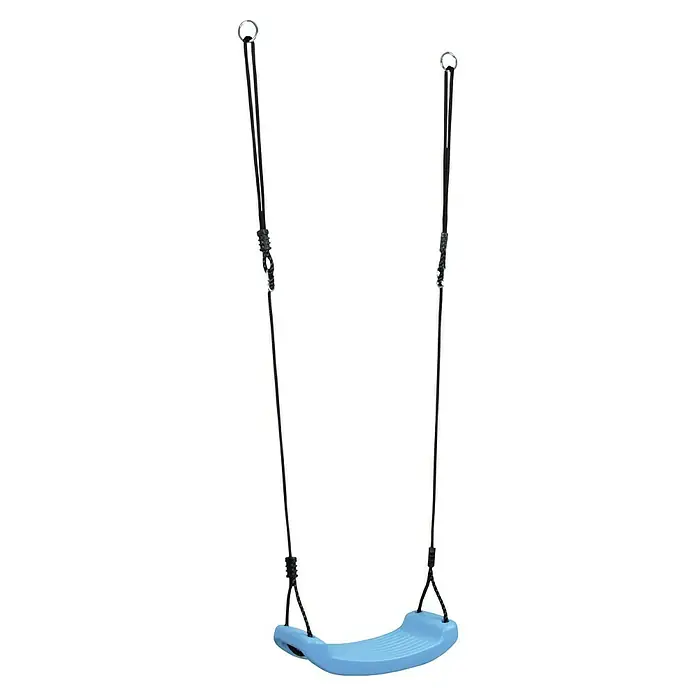 Hudora Brettschaukel - B x L: 42 x 17 cm, Kunststoff - Eine blaue Kinderschaukel mit schwarzen Seilen und silbernen Ringen zum Aufhängen. Perfekt für den Garten!