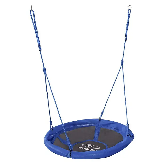 Hudora Nestschaukel 90 - Durchmesser: 90 cm, Kunststoff, Blau - Nahaufnahme einer blauen HUDORA Nestschaukel mit verstellbaren Seilen und robustem Rahmen, ideal für sicheren Spielspaß im Freien.