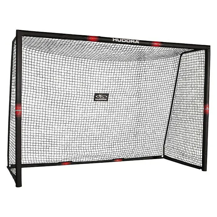 Hudora Fußballtor Pro Tect 300 - 120 x 300 x 200 cm, Schwarz/Neonrot - Ein HUDORA Fußballtor mit einem schwarzen Rahmen und roten Akzenten, bereit für ein spannendes Fußballspiel im Garten oder Park.