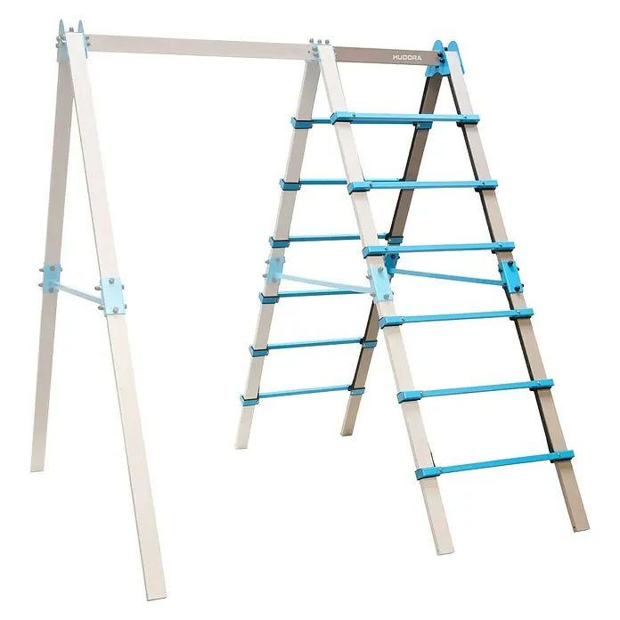 Hudora Erweiterungsmodul für Schaukel Vario - Stahl, Blau/Grau, Passend für: Hudora Schaukelgestell Vario - Produktansicht des HUDORA Klettergerüsts aus hellem Holz und blauen Sprossen. Ideal für Kinder zum Spielen und Klettern im Garten.