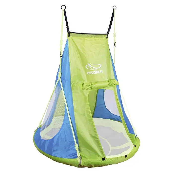 Hudora Kinderzelt Cosy Castle - Passend für: Hudora Nestschaukeln, Ø 110 - 120 cm, Blau, Grün - Ein blauer und grüner Hängezelt-Schaukelstuhl von Hudora. Es hängt an zwei gelben Seilen und hat ein Netzfenster.